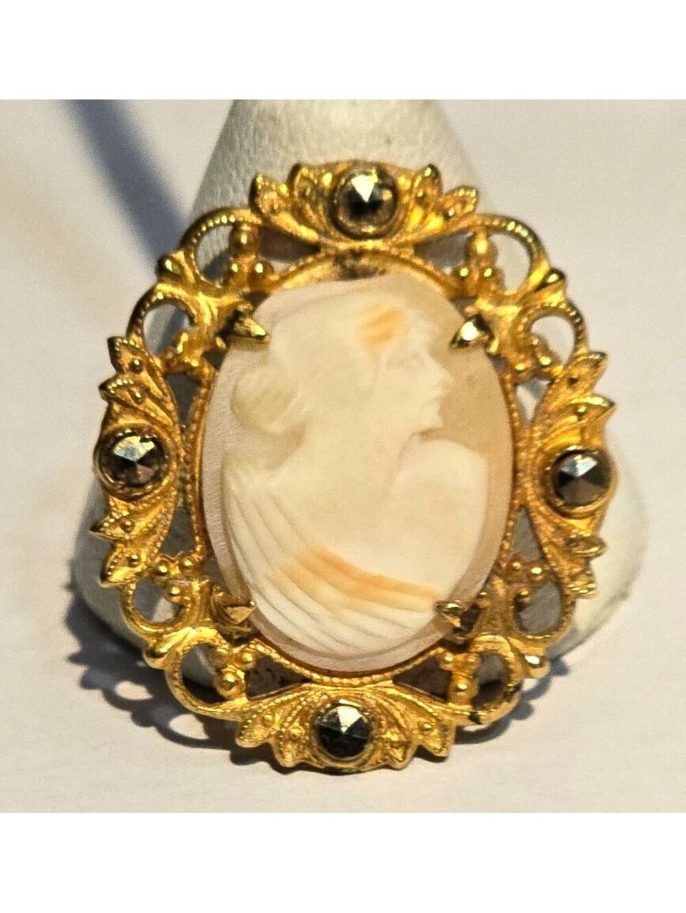 Antique Cameo Carved Shell Gilt Frame Marcasite